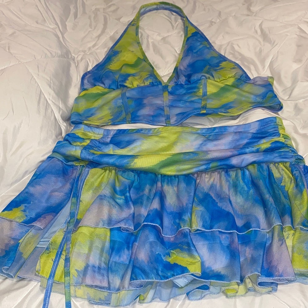 Blue and Green Halter Top and Skirt Set